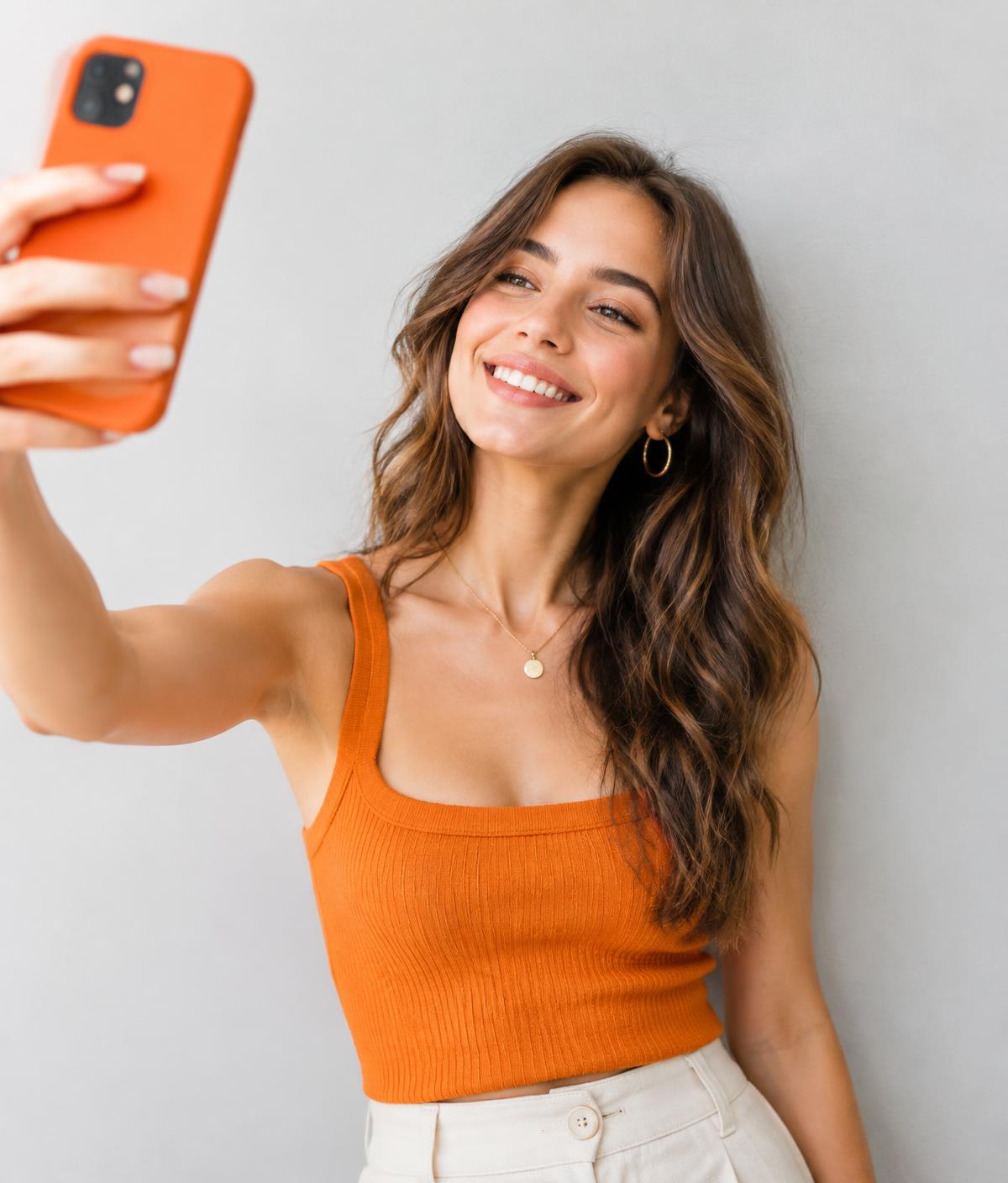 Frau macht Passfoto mit dem Handy